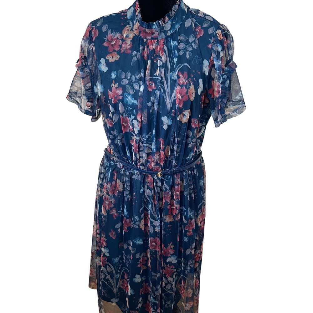 Candalite Blue and Floral Belte Dress with Ruffled Neckline Sz XL Midi‎ Dress